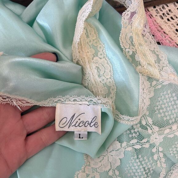 Vintage 80s Nicole Teal Blue Green Cream Lace Satin Maxi Night Gown L Coquette - Picture 14 of 16